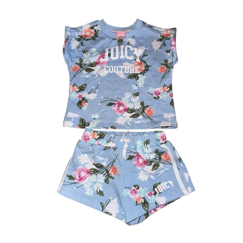 Juicy Couture Girls 3T Floral Set Sky Blue Top Shorts Outfit Y2K Cute Playwear